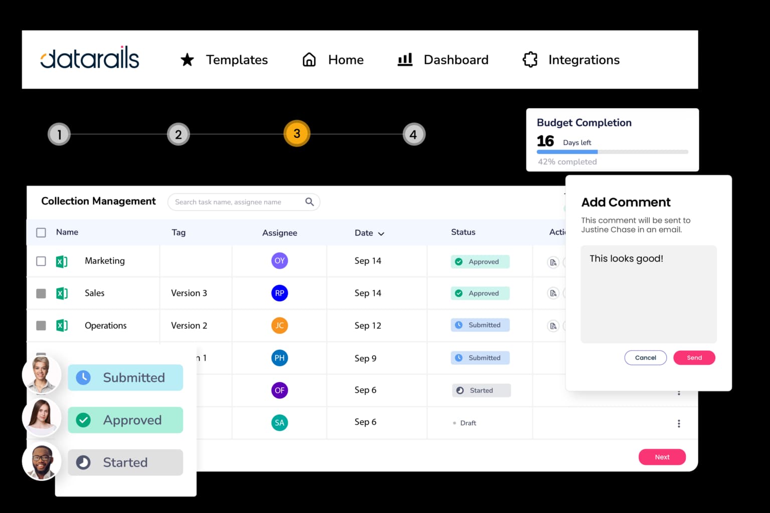 A heavily edited screenshot of the DataRails product showing the Collection Management feature with some workflows and commenting options.